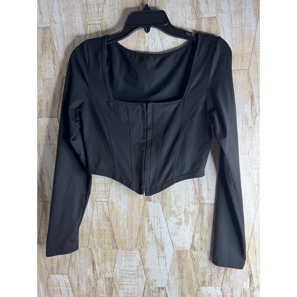 SHEIN Black Long Sleeve Corset Style Crop Top Square Neck Hook and Eye Large